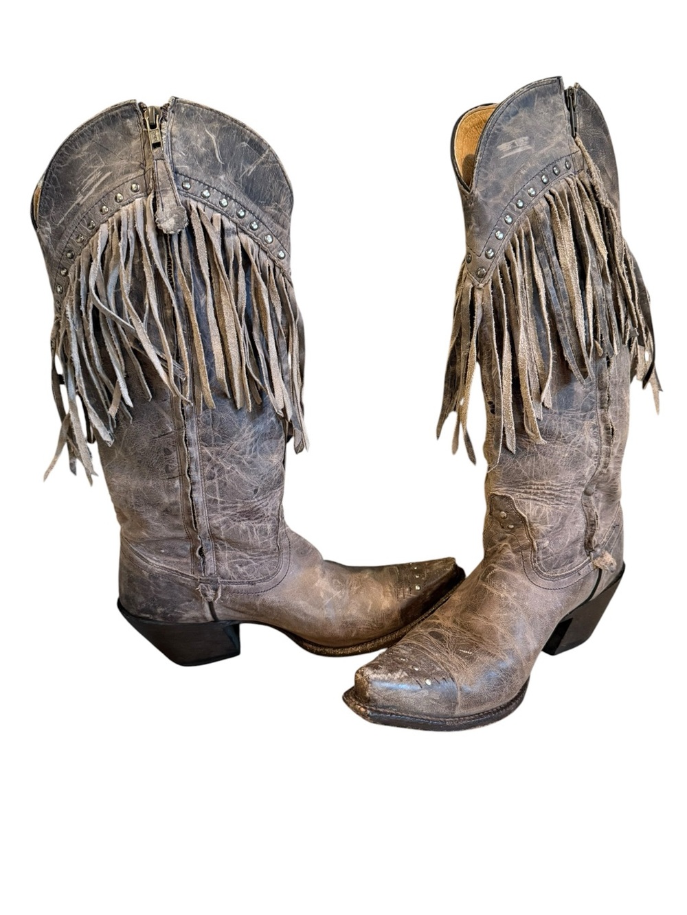 Tony Lama Women’s Beige Leather Cowboy Boots with Fringe